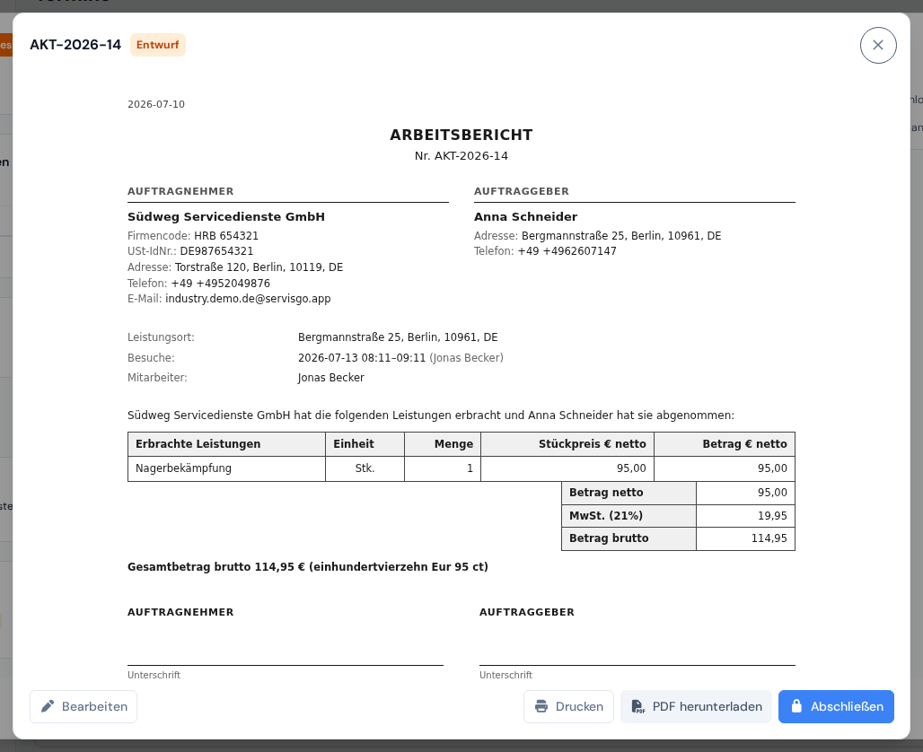 Ein generierter Arbeitsbericht der Schädlingsbekämpfung mit der Tabelle der durchgeführten Behandlungen