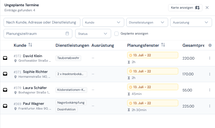 Der Bereich wartender Aufträge, in dem erzeugte Nachbehandlungen mit Planungsfenstern erscheinen