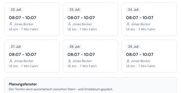 Vorgeschlagene Zeitfenster für einen dringenden Sanitärauftrag, sortiert nach dem geringsten zusätzlichen Fahrweg