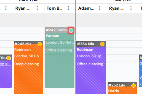 A cleaning visit block in the calendar with the client confirmation dot highlighted