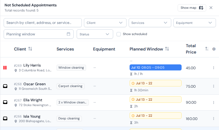 The panel of cleaning jobs waiting to be booked, with planning windows already set
