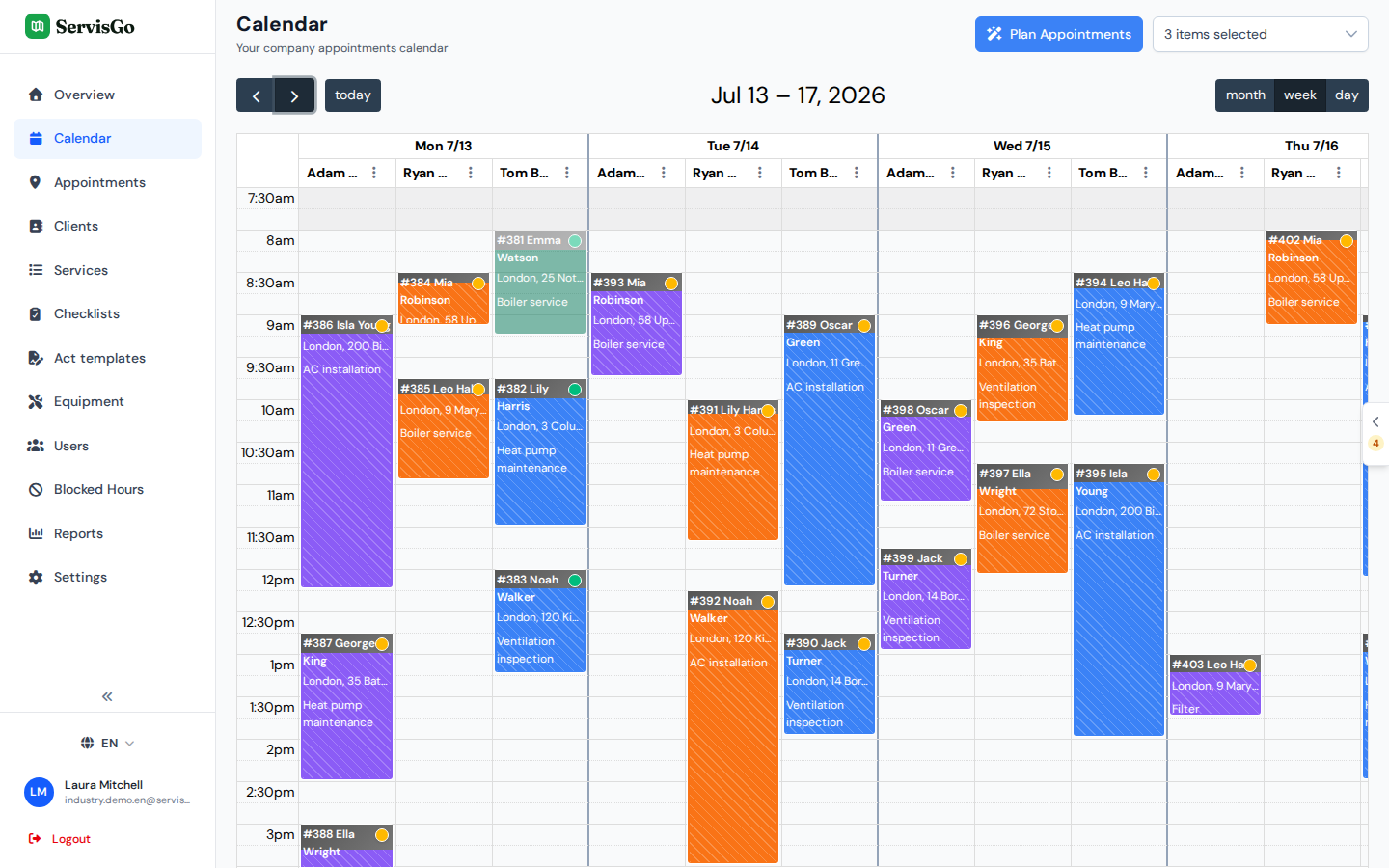 A full week of HVAC visits in the ServisGo calendar, three technicians in columns with maintenance and installation jobs