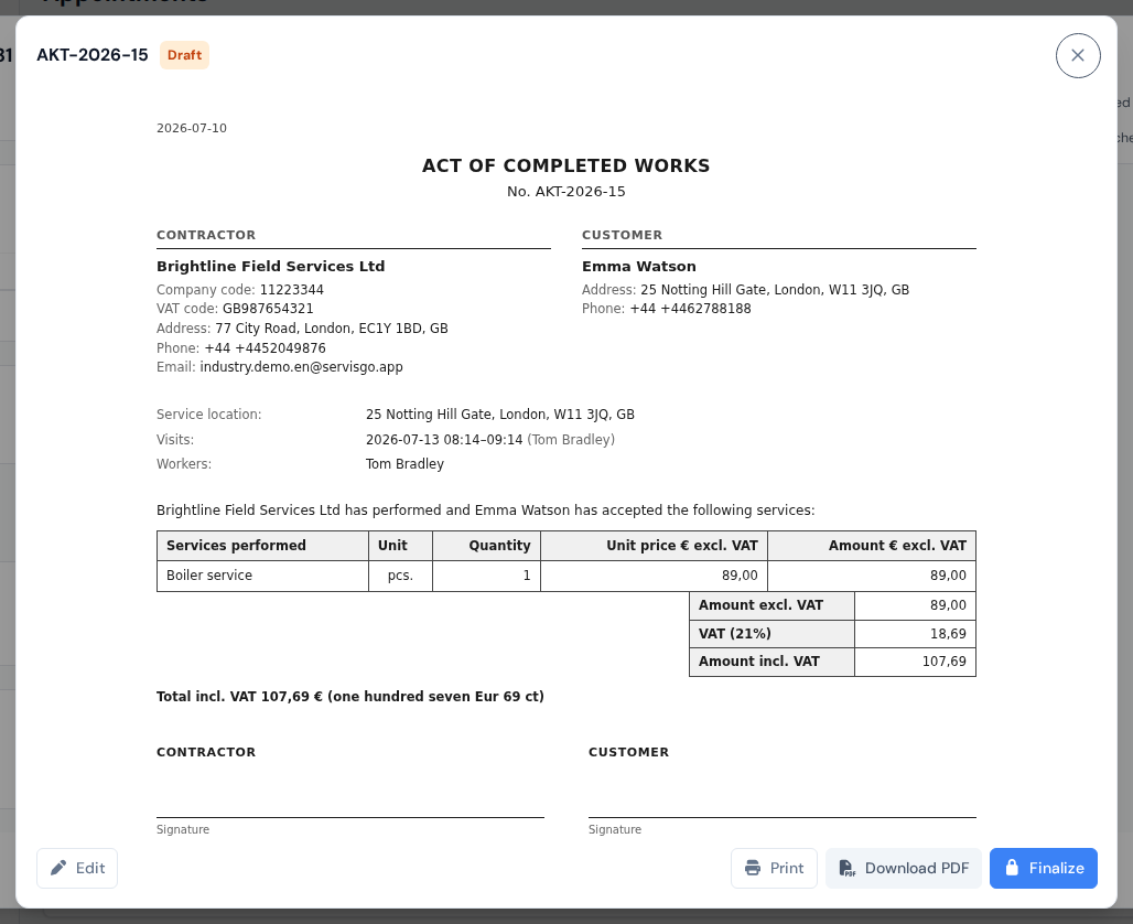 A generated act of work with the performed HVAC services table