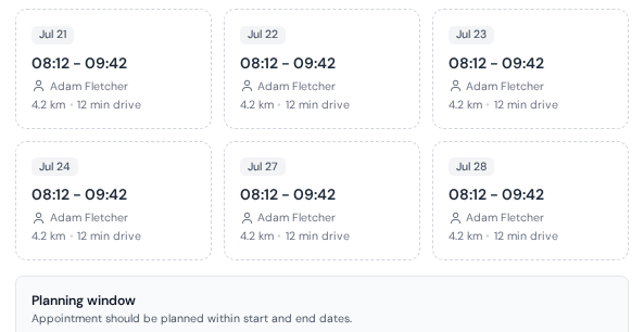 Suggested time slots showing only qualified HVAC technicians with the added driving for each