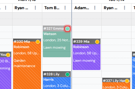 A landscaping visit block with the client confirmation dot in the calendar