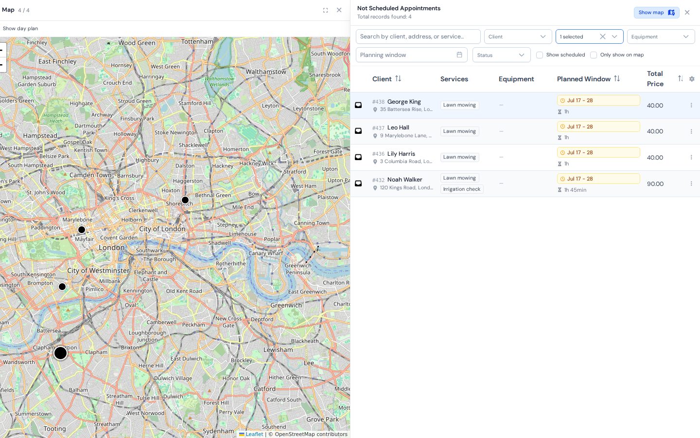 The ServisGo calendar with the waiting job list and the map open, filtered to lawn mowing jobs