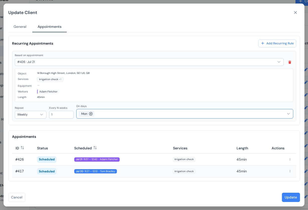A weekly recurring rule configured on the client, based on one of their existing jobs