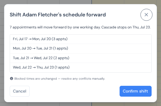 The dialog that shifts a crew's schedule forward by one working day, listing the days that will move