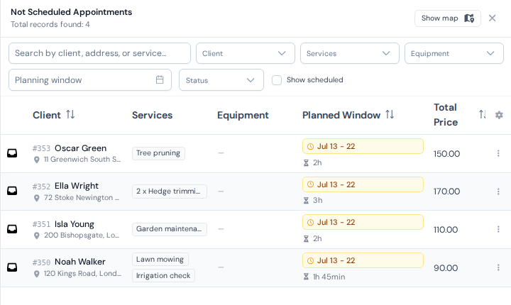 The panel of waiting landscaping jobs where the generated seasonal round appears