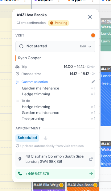 The visit tooltip in the calendar with services from the work order selected for this visit
