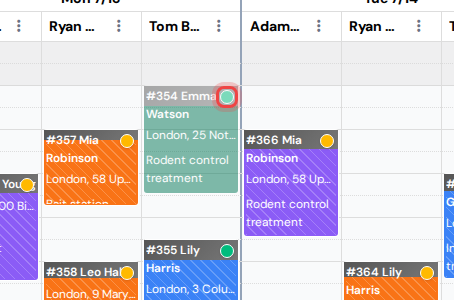 A treatment visit block with the occupant confirmation dot in the calendar
