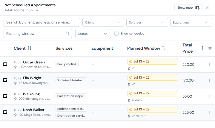 The waiting-jobs panel where generated follow-up treatments appear with planning windows