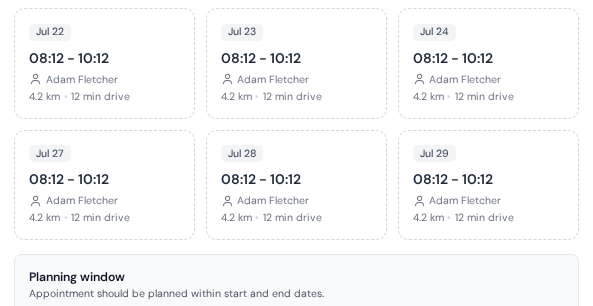 Suggested time slots for an urgent plumbing job, ranked by the least added driving