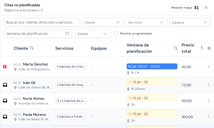El panel de trabajos de limpieza a la espera de reservarse, con las ventanas de planificación ya definidas