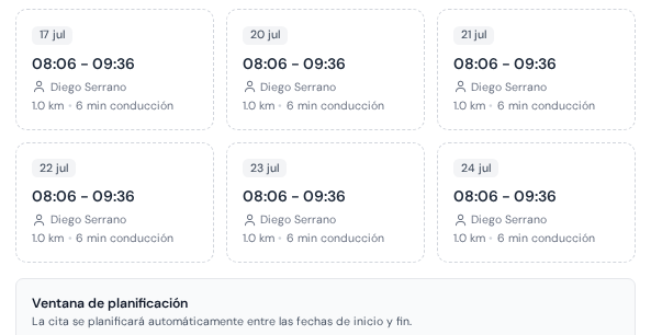 Horarios sugeridos mostrando solo técnicos de climatización cualificados con la conducción añadida de cada uno