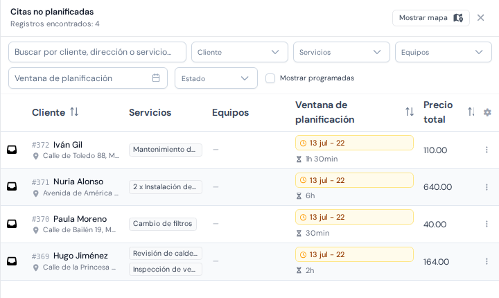 El panel de trabajos a la espera con los mantenimientos generados y sus ventanas de planificación
