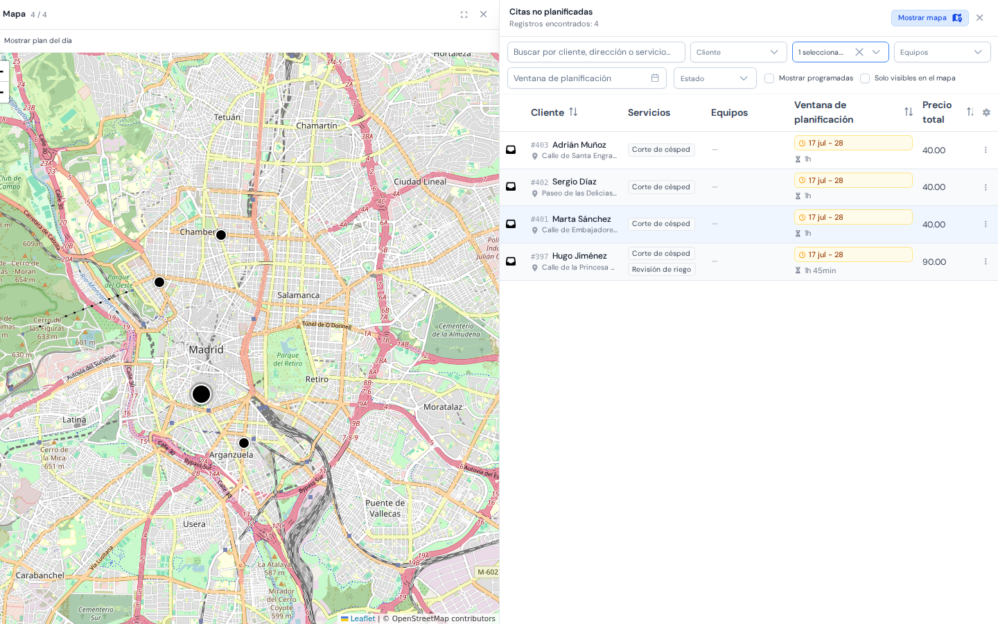 El calendario de ServisGo con la lista de trabajos a la espera y el mapa abiertos, filtrados por corte de césped