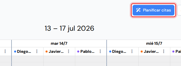 El botón "Planificar citas" en la cabecera del calendario