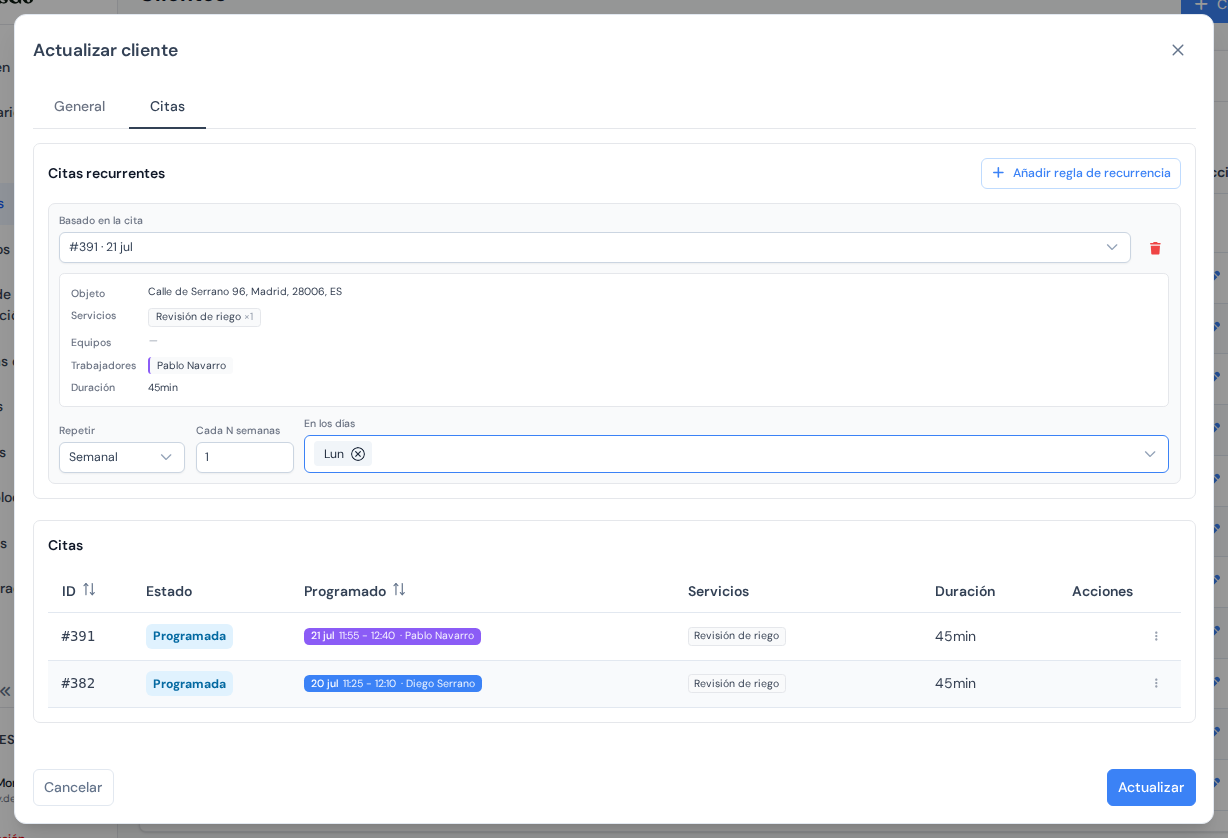 Una regla recurrente semanal configurada en el cliente a partir de uno de sus trabajos