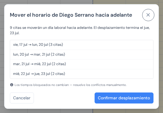 El diálogo que mueve el horario de un equipo un día laborable hacia adelante, con la lista de días afectados