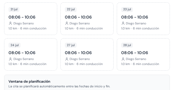 Horarios sugeridos para un trabajo de césped, cada uno mostrando la conducción que añadiría al día del equipo