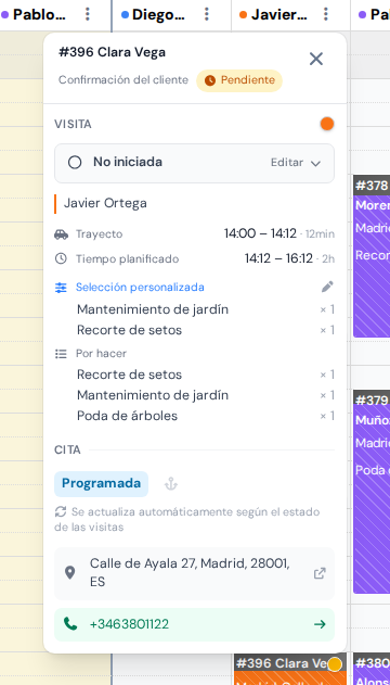 La ventana de la visita en el calendario con los servicios del parte seleccionados para esta visita