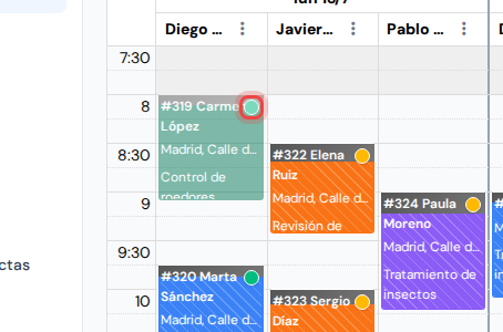 Un bloque de visita de tratamiento con el punto de confirmación del ocupante en el calendario