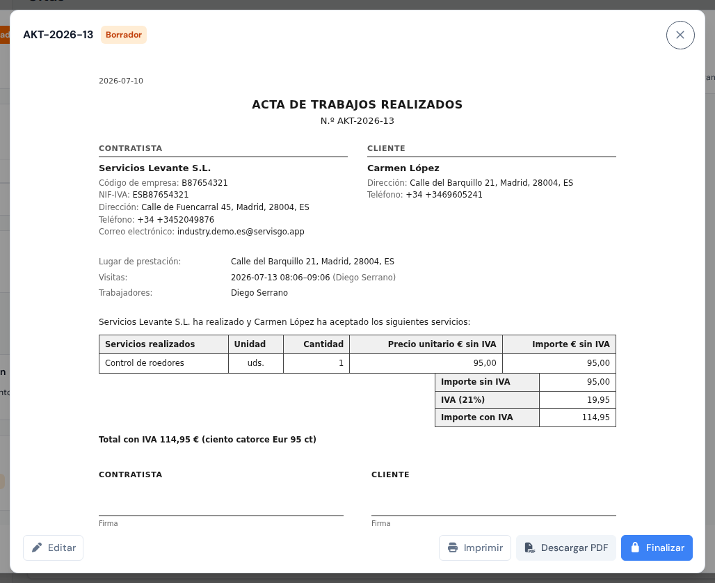 Un parte de trabajo de control de plagas generado con la tabla de tratamientos realizados