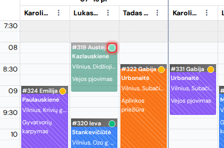 Aplinkos tvarkymo vizito blokas su kliento patvirtinimo taškeliu kalendoriuje