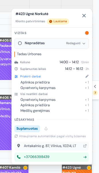 Vizito langelis kalendoriuje su šiam vizitui priskirtais užsakymo darbais