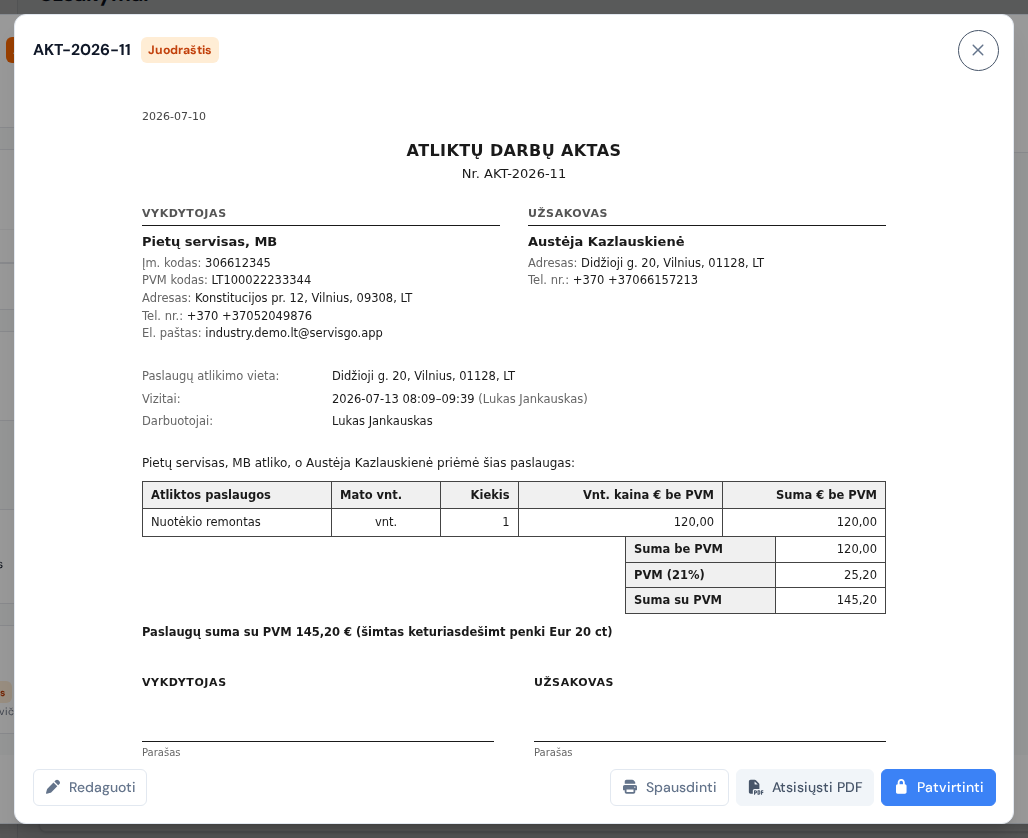 Sugeneruotas santechnikos darbų aktas su atliktų paslaugų lentele