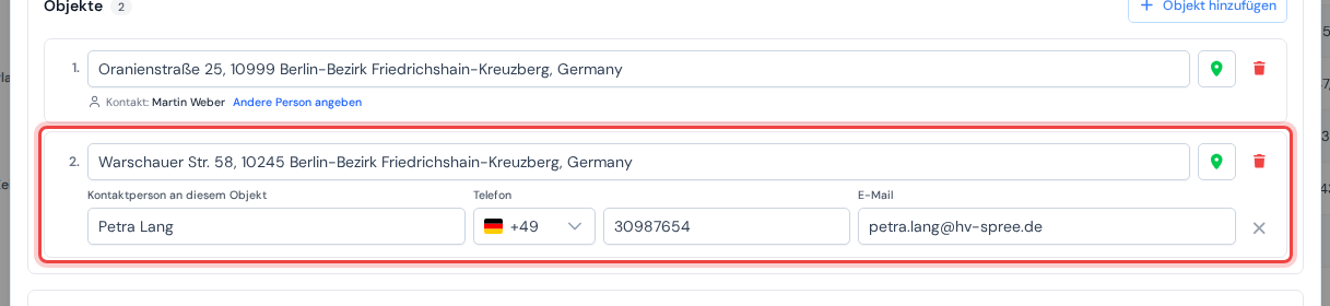 Eine Objektzeile im Kundendialog mit eigener Kontaktperson und Telefonnummer, hervorgehoben