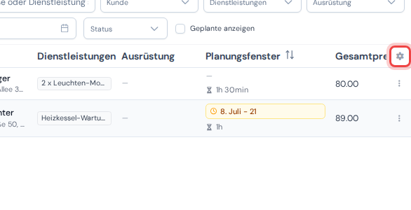 Die Kopfzeile der Terminliste mit dem hervorgehobenen Zahnrad-Symbol an ihrem rechten Ende