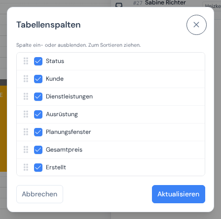 Der Dialog Tabellenspalten mit Kontrollkästchen und Ziehgriffen