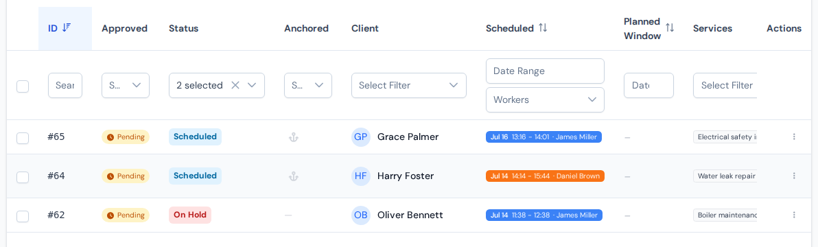 The appointments table with colored status badges in the status column