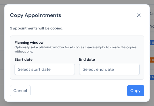 The Copy Appointments dialog with the number of copies and the optional planning window dates
