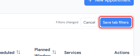 The right end of the tab row showing the Filters changed prompt with Cancel and Save tab filters buttons