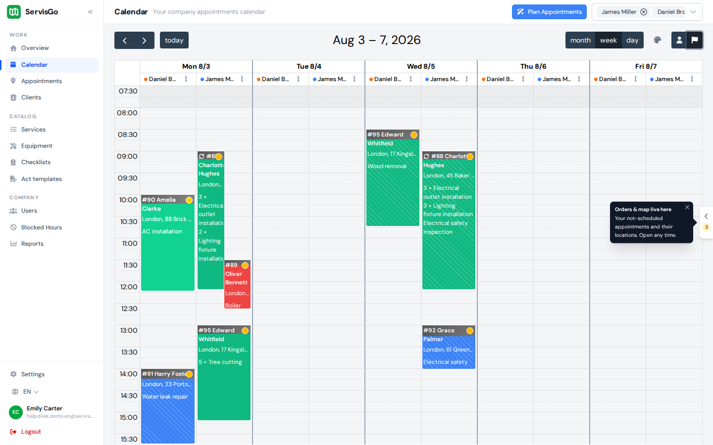 The calendar colored by appointment status, with every visit of a job in one shared color