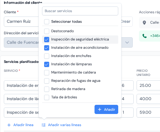 La lista Añadir varias líneas abierta con varios servicios marcados