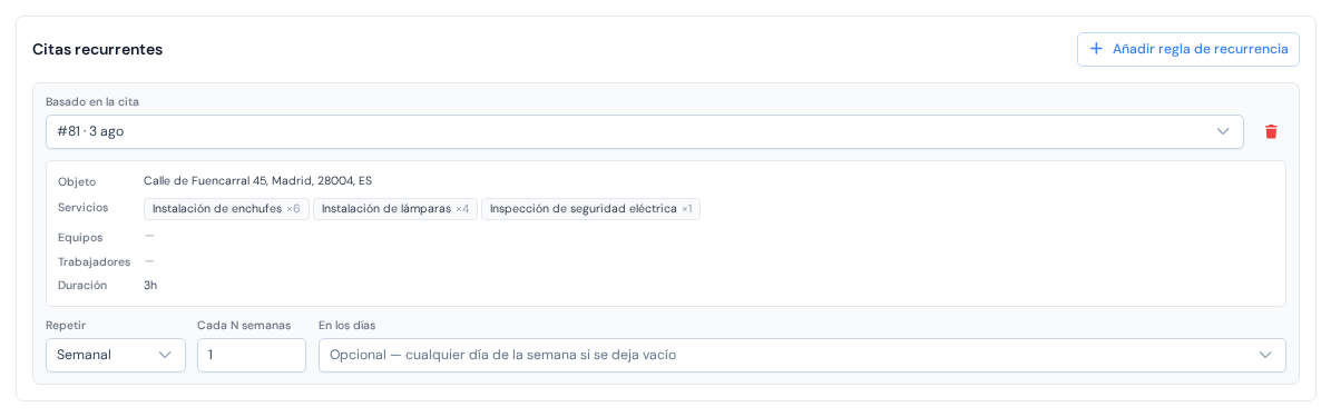 Una regla de recurrencia en la ficha del cliente: la cita base elegida y los ajustes semanales debajo