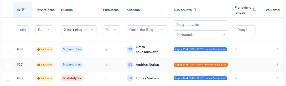 Užsakymų lentelė su spalvotais būsenų ženkliukais būsenos stulpelyje