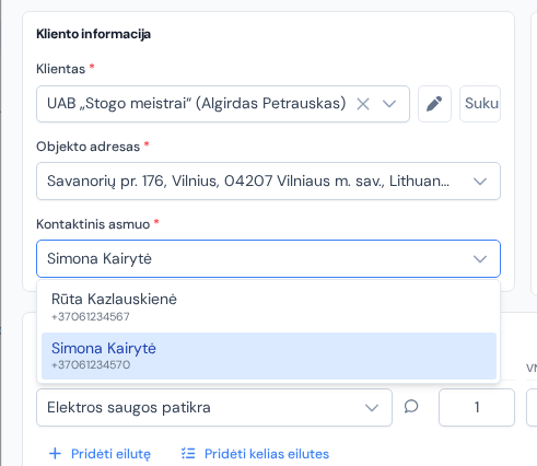 Užsakymo lango skiltis „Kliento informacija“ su atvertu lauku „Kontaktinis asmuo“