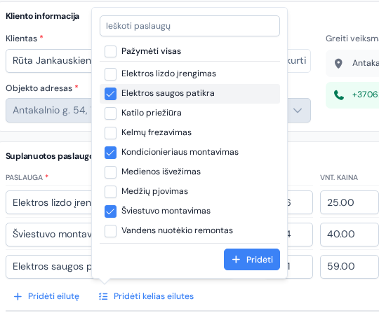 Atvertas sąrašas „Pridėti kelias eilutes“ su keliomis pažymėtomis paslaugomis