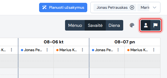 Du paryškinti spalvinimo režimo mygtukai šalia paletės piktogramos kalendoriaus įrankių juostoje